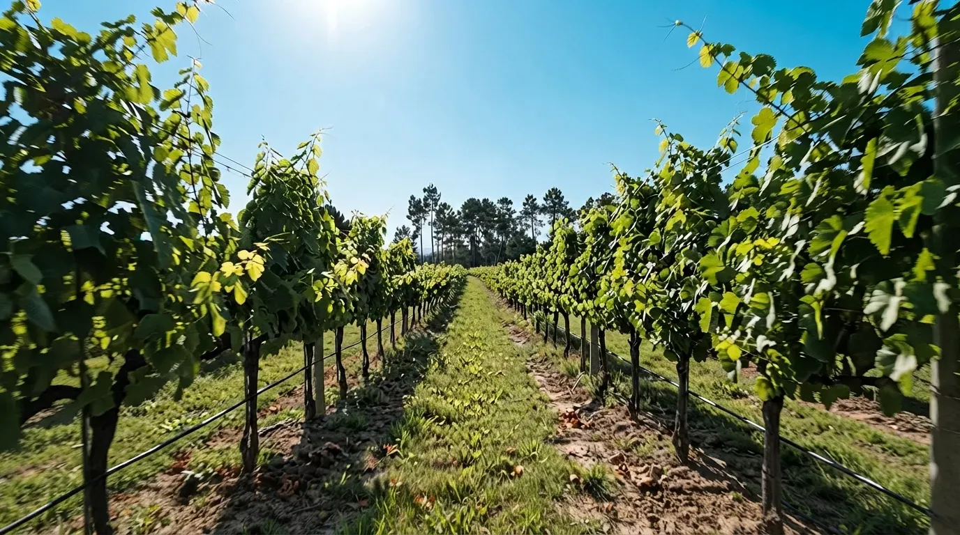 Rows of green vines under a blue sky, with pine trees behind