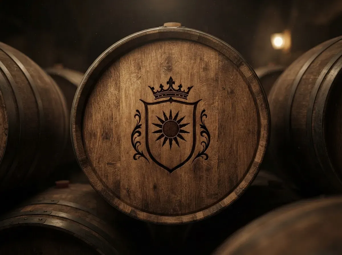 Oak barrel engraved with the Herdade Vilela emblem, in a dimly lit cellar