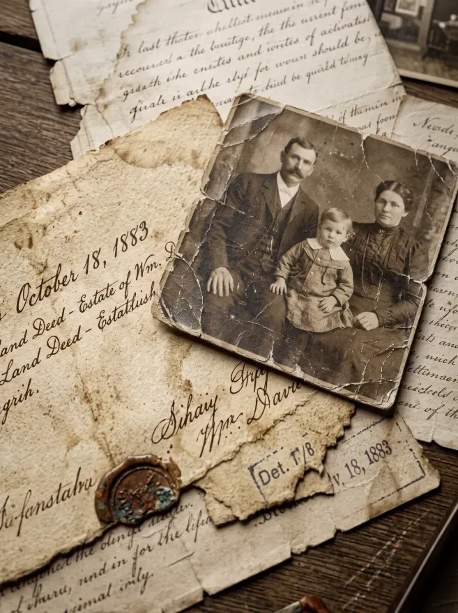 Detail of an old document and historic photograph of the Vilela family