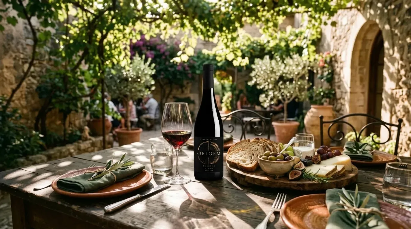 Outdoor table with a bottle of wine, a glass and bread