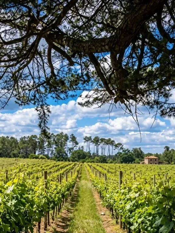 Dão vineyard beneath a pine tree, with blue sky and clouds