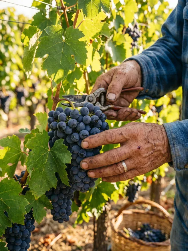 Hands picking grapes during the harvest