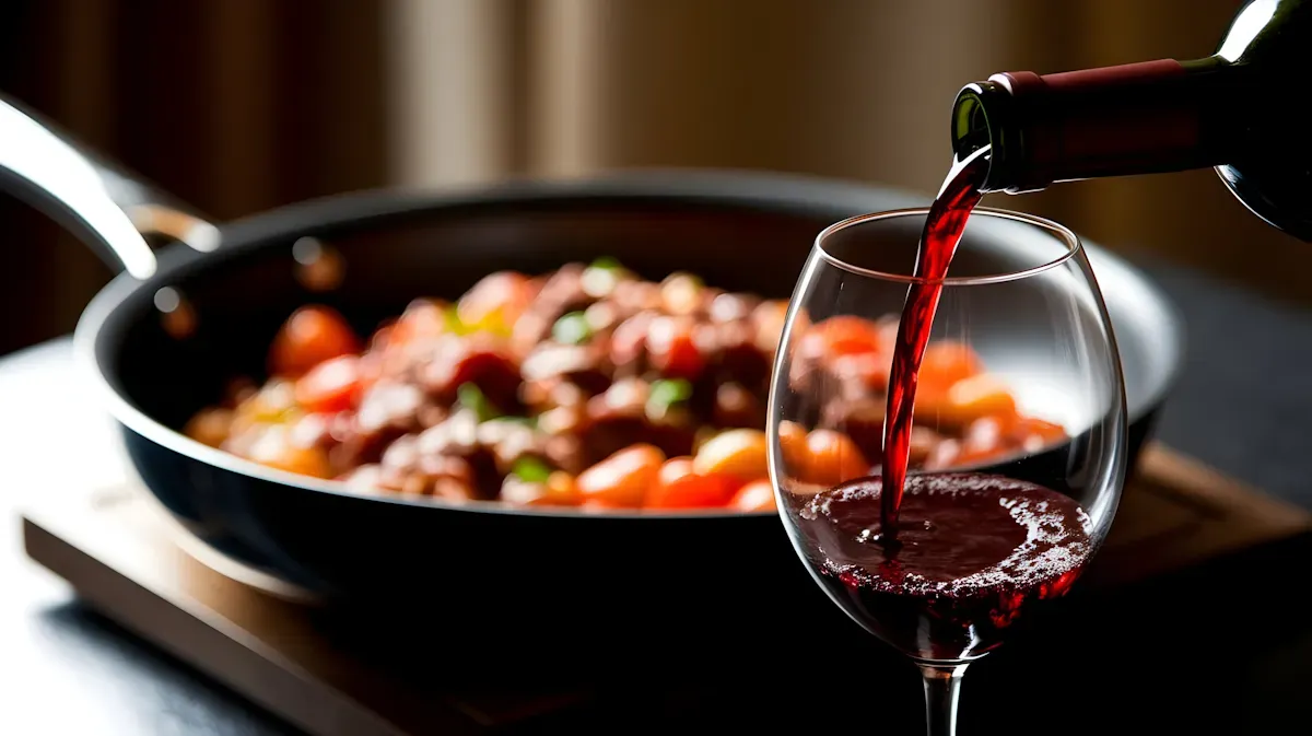 Vino tinto sirviéndose en una copa a la mesa, junto a un plato gastronómico