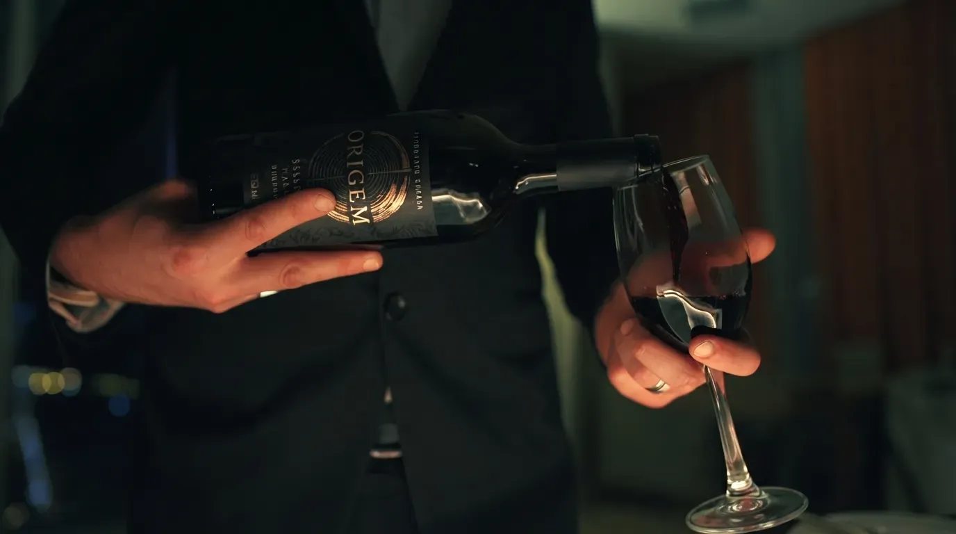Sumiller sirviendo vino tinto Origem en una copa