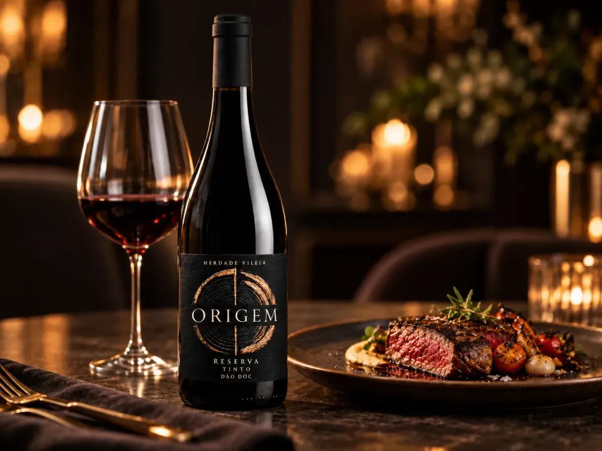 Paisaje acogedor con una botella de Origem Reserva Tinto sobre la mesa